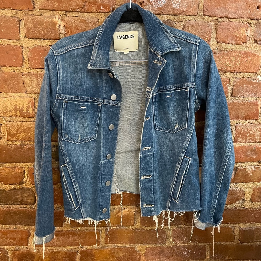 L'AGENCE Blue Jean Jacket with Distressed Hem